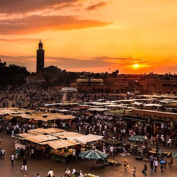 Beautiful sunset in Jemaa el Fnaa square Marrakech
