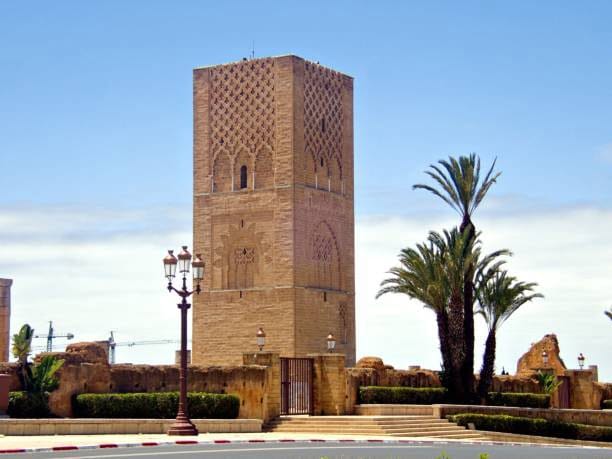 Hassan Tower, part of an unfinished mosque at Rabat, Morocco. Intended to be the largest mosque and minaret in the world, work stopped on the project in 1199. The site is now a popular tourist attraction and a World Heritage Site.