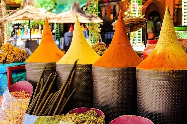 Moroccan spice stall in marrakech market, morocco