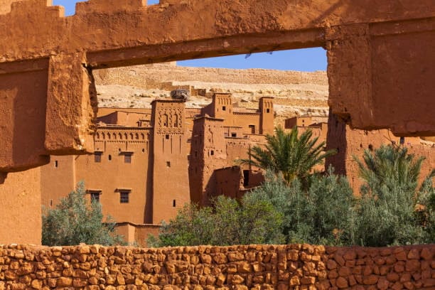 Panorama of the ancient moroccan kasbah Ait Benhaddou from old gate of Kasbah, near Ouarzazate, Morocco - Unesco world heritage.